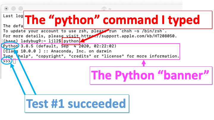 MacOS Terminal window, where someone has entered the command "python", and the Python "banner" has resulted.
