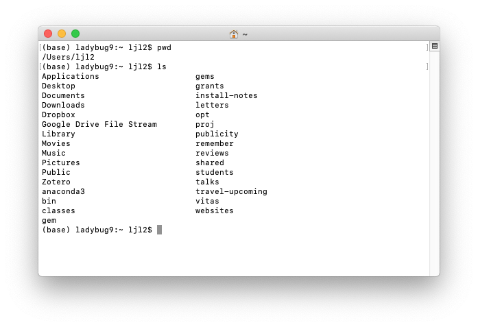 A Terminal window where the commands 'pwd' and 'ls' have been entered, resulting in the printing out of the name of the current directory, and then the contents of the current directory