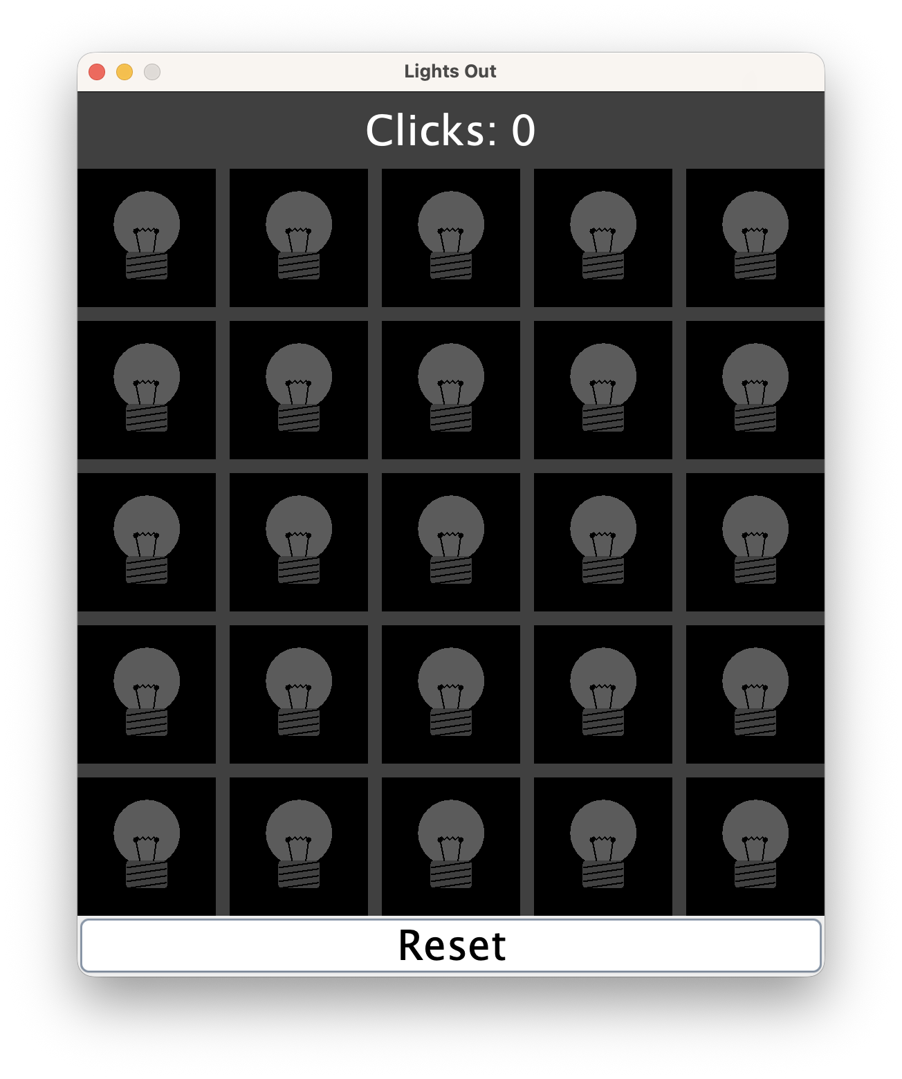 The Lights Out app after completing TODO 5. The window now shows the fully drawn lightbulb buttons, all toggled off.