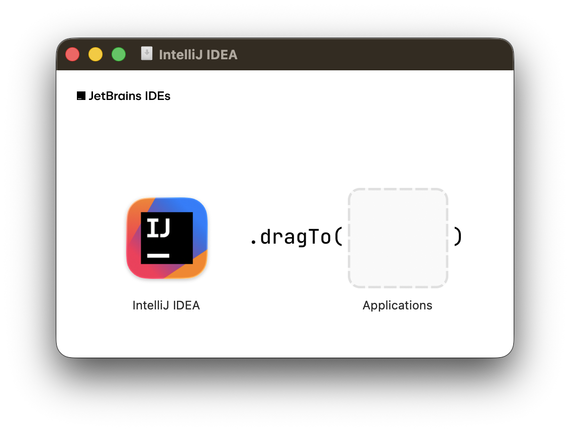 a screenshot of the prompt to drag the IntelliJ IDEA icon to the Applications folder to install the program on a Mac