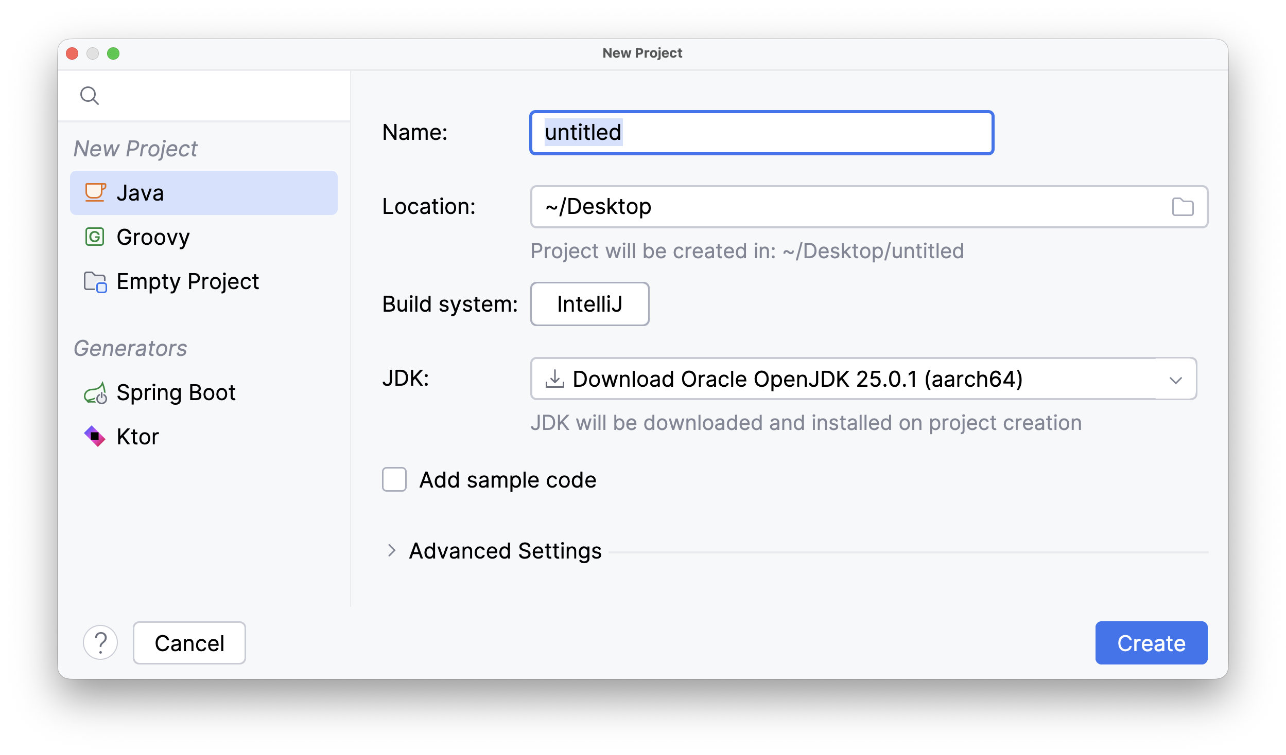 a screenshot of the New Project window