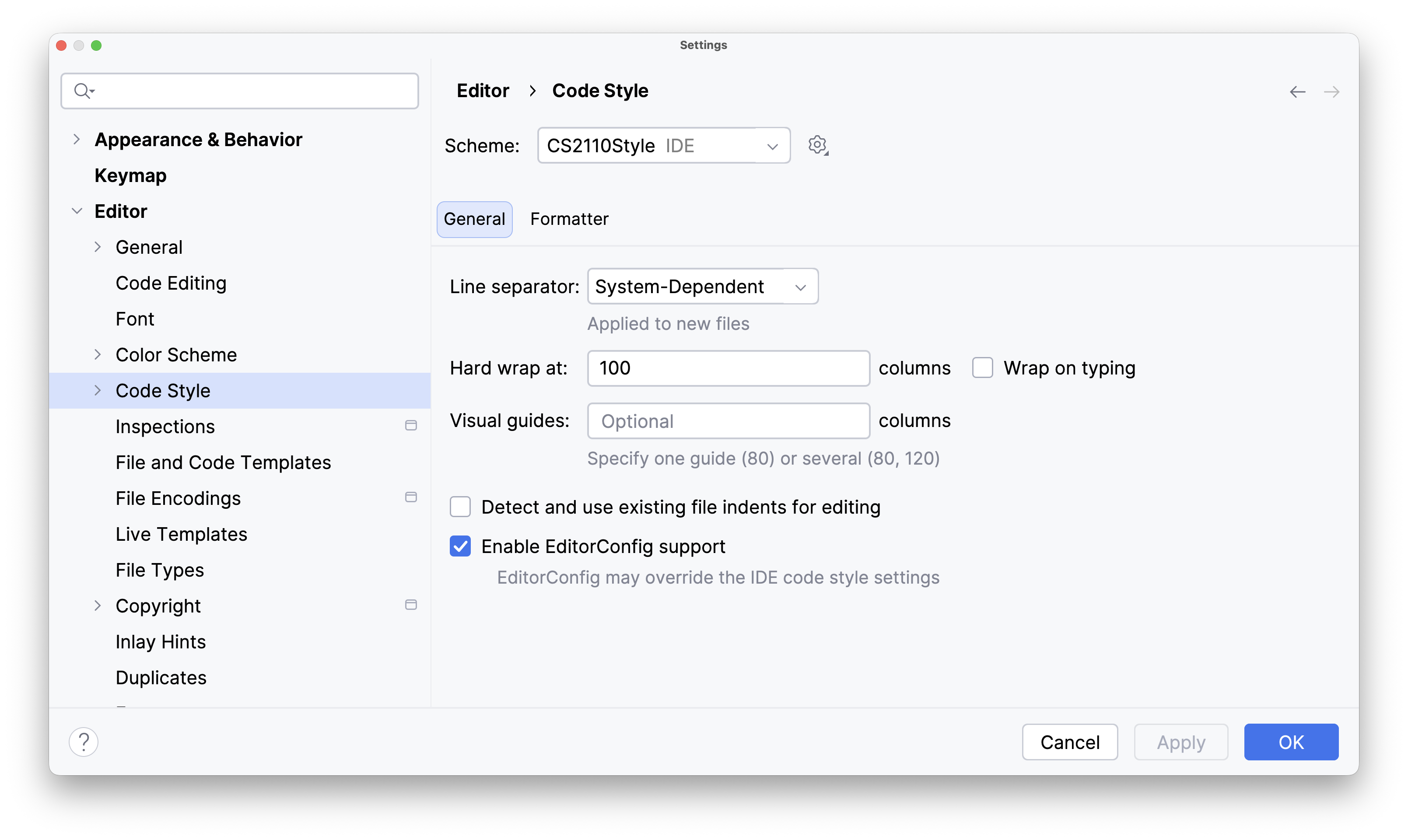 a screenshot of settings page for importing a Code Style Scheme