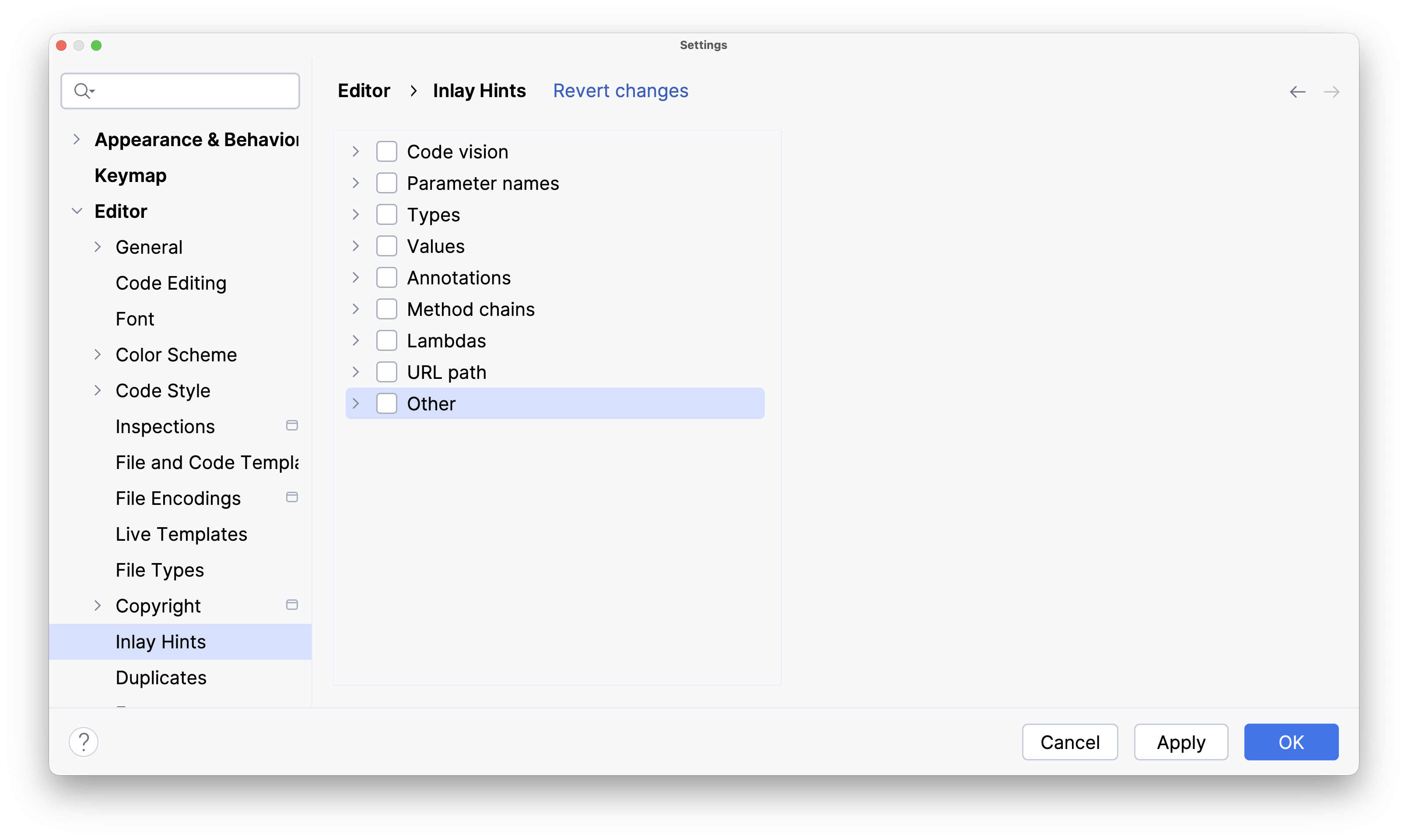 a screenshot of settings page for Inlay Hints